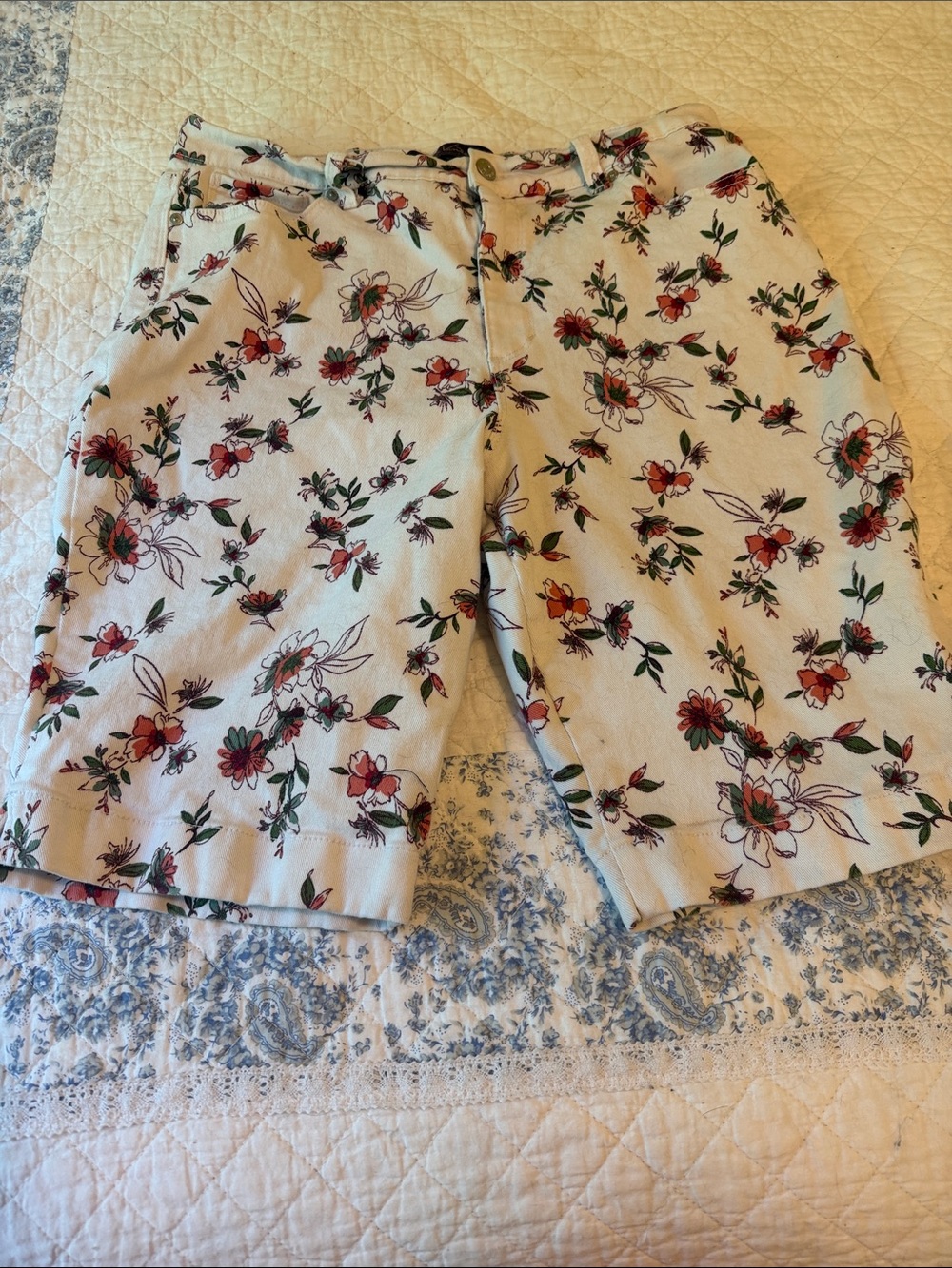 Women-Floral Print Cotton Shorts in Cream